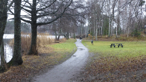 Vid Långsjön är det en ganska lång sträcka där man måste på villavägar, fast det finns ett par kortare sträckor med strandpromenad också
