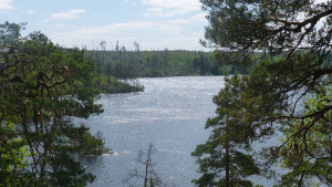Stensjön i Tyresta nationalpark, med brandområdet synligt tvärs över sjön